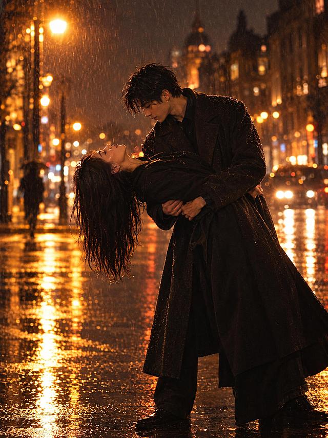 竖版3:4电影感写实静帧，雨夜城市的暖琥珀色与深咖色，复古35mm胶片颗粒、柔焦、轻微雨丝。湿润柏油路反射成片橙黄路灯和模糊车灯；一位二十多岁的年轻男生穿深色长风衣，站在画面中央偏右，双臂稳稳托住穿黑色长外套的年轻女生。女生身体大幅后仰，头发垂向左下方，脸朝向细雨和灯光；男生低头望着她，画面具有舞蹈定格般的力量与浪漫。背景有失焦路灯、暗色建筑轮廓和一位远处行人剪影。画面中不要任何文字、不要标题、不要字幕、不要Logo、不要水印。超高清2K画质，细节丰富。