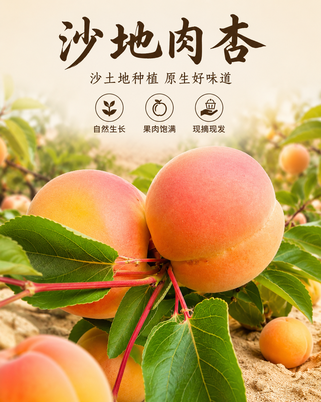「图片1」，生成一套详情页，商品名称为沙地肉杏，适配抖音/快手… - 图片创意预览