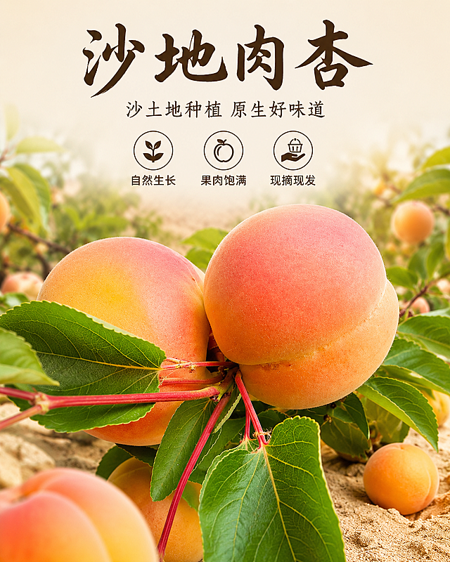 「图片1」，生成一套详情页，商品名称为沙地肉杏，适配抖音/快手平台，单图比例为高级A+ (电脑端)，需求屏数为10张。