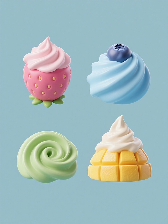 一系列四个不同元素的3D渲染食物素材集合，规整排布在纯色背景上。每个元素都具有细腻的奶油质感，光滑的表面，柔和的高光和自然的阴影。第一个元素是粉红色草莓奶油花，第二个是蓝色蓝莓奶油球，第三个是绿色抹茶奶油漩涡，第四个是黄色芒果奶油山峰。所有元素保持相同的3D风格和材质表现，仅变换整体色彩和具体食物形态，形成统一又各具特色的系列设计。