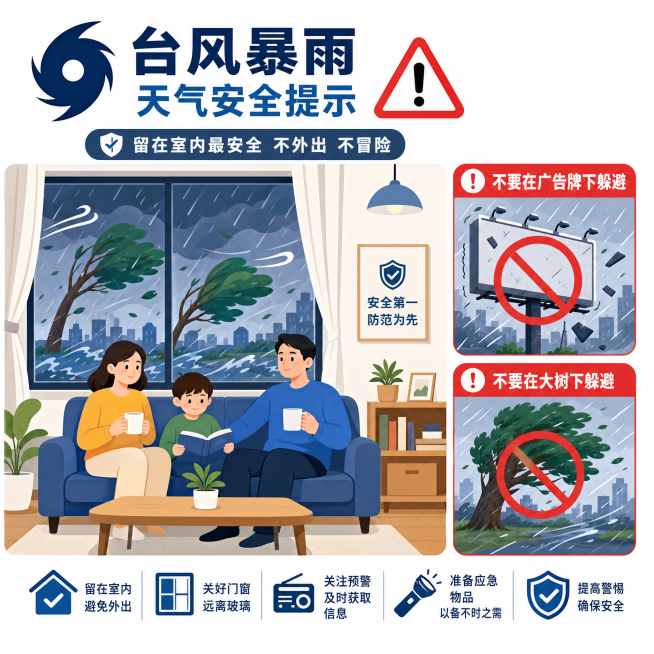 2D简约扁平插画，纯白色背景，台风暴雨天气人们在家中不外出，警示牌提示不要在广告牌和大树下躲避预览效果