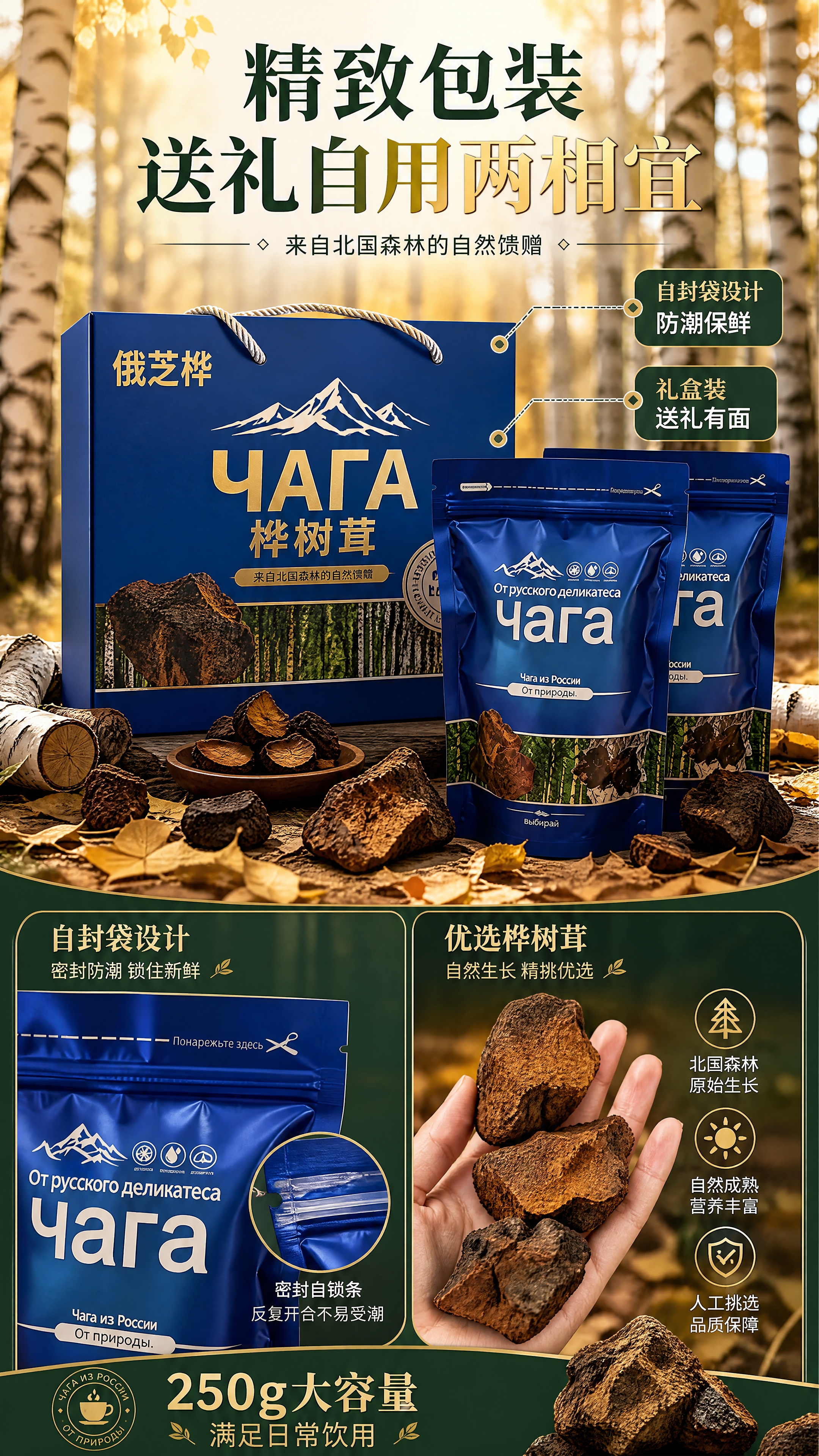 [商品] 使用【图7】桦树茸礼盒装+袋装产品组合图；保留蓝色礼… - 图片创意预览