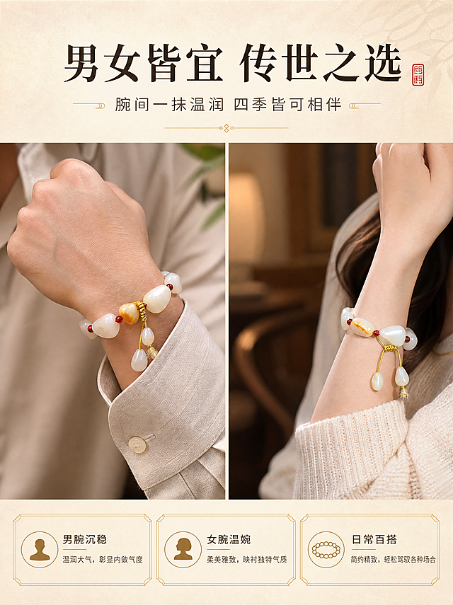 [商品] 使用【图1】独籽手链整体：保留随形独籽、暖白脂白玉色、黄褐皮色主珠、红珠隔珠与金黄流苏；用于男女手腕佩戴展示，不改变籽形、颜色与串制结构。
[画面] 真实使用型双格拼图：左格亚洲男士手腕佩戴手链、米色衬衫袖口，右格亚洲女士手腕佩戴同款手链、浅色针织袖口，两格均为暖调雅致家居光影，手串占画面约40%，后景虚化；阅读动线：文案、男女佩戴效果。
[视觉] 套系策略：风格=新中式高端文玩珠宝商业摄影；标题字=端庄衬线宋体加粗；正文字=简洁无衬线体；主色=暖米白；背景延展=暖米白/浅驼麻布/原木色做深浅层级，细腻织物与玉质肌理；强调色=鎏金色，仅用于细线框、引线、印章角标与局部光效；标题色=深墨棕；正文色=暖灰棕；组件=细金线信息卡、小篆印章角标、金色细引线；光影=柔和前侧暖光，温润不刺眼。
[文字] 主标题"男女皆宜 传世之选"，副标题"腕间一抹温润 四季皆可相伴"，3个信息点：男腕沉稳、女腕温婉、日常百搭；文字横向排版，放画面上下留白区，不遮挡手串与手部。
[规格] 图片比例3:4竖版，分辨率4K；避免人物手部畸形、男女特征错乱、手串变形、籽形改变、错字、竖排文字、文字过小、水印、平台logo、冷蓝/蓝灰背景。
