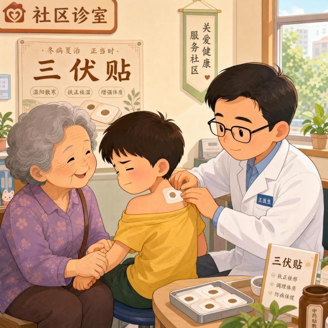 王医生正在给李奶奶和小乐贴三伏贴，小乐闭着眼睛咬着嘴唇有点紧张，李奶奶握着他的手，场景在社区诊室，卡通温暖风格预览效果