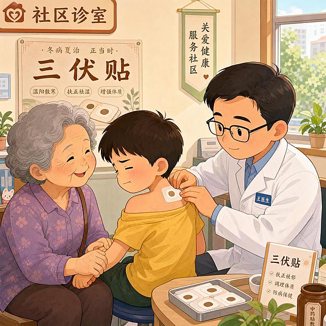 王医生正在给李奶奶和小乐贴三伏贴，小乐闭着眼睛咬着嘴唇有点紧张，李奶奶握着他的手，场景在社区诊室，卡通温暖风格