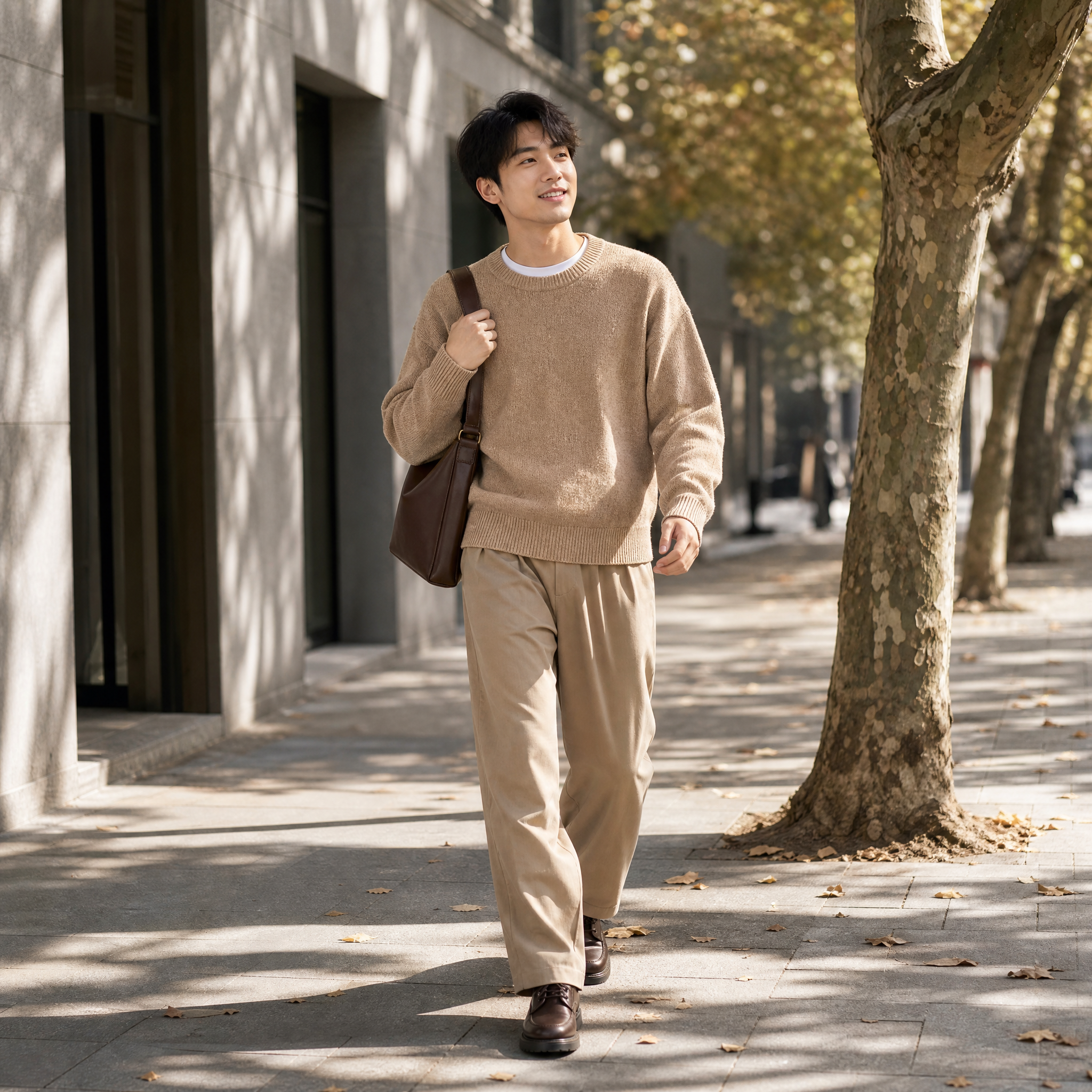 [主图-7] 亮花驼色针织衫户外场景搭配图，生活化穿搭展示。… - 图片创意预览