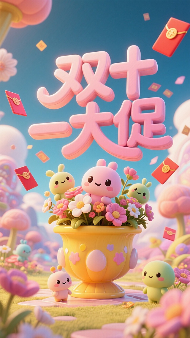 卡通主角为核心主体，周围环绕着造型 Q 萌的小生物以及装饰有花朵等元素的奇幻容器。标题“双十一大促”文字具有立体、醒目效果。采用 3D 卡通渲染风格，画面呈现出治愈、温馨的氛围，类似经典萌系动画的视觉效果。以粉色、暖黄色等明亮、柔和的暖色调为主，营造出温暖欢快的色彩氛围。空中有飘落的红包元素，为画面增添活泼与惊喜感，各类元素的材质都带有柔软、蓬松的质感表现。
