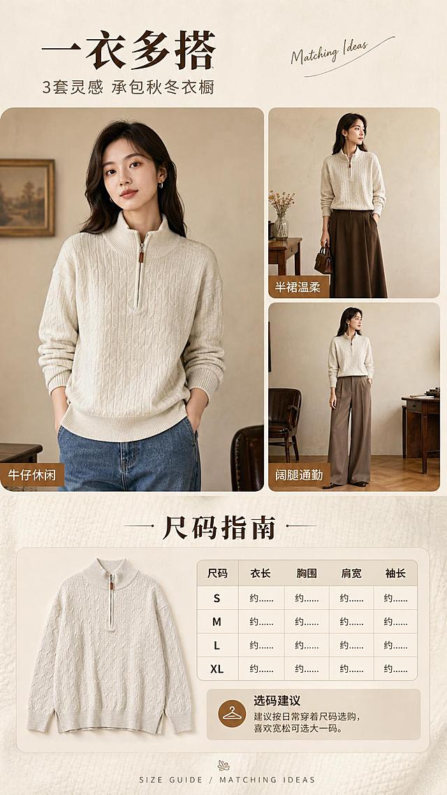 [商品] 使用【图1】米白色半拉链立领绞花针织毛衣；商品处理：保留半拉链立领、棕色皮质拉链头、竖条绞花针织纹理、落肩袖、罗纹收口、侧开衩、米白燕麦色调和整体版型；自然去皱，增强质感，不改变版型、颜色和结构。
[画面] 页面目标：搭配灵感+尺码信息，辅助下单决策。竖版9:16构图，上半部分（约55%）为搭配灵感区：左侧1张亚洲女模特半身穿搭主图（毛衣+牛仔裤），右侧上下叠放2张小图（毛衣+半身裙、毛衣+阔腿裤），形成左大右小搭配组合；下半部分（约45%）为尺码信息区：左侧毛衣平铺缩略图，右侧尺码表格+选码建议；背景延续暖米色调，底部有细腻织物纹理，整体像杂志内页排版。
[视觉] 套系策略：风格=轻复古通勤杂志画报风；标题字=现代衬线粗体（带轻微复古衬线）；正文字=简洁无衬线体；主色=燕麦米白；背景延展=基于燕麦米白做深浅层级、同色渐变和细腻织物/哑光墙面质感；强调色=焦糖棕，仅用于小面积图标、引线、标签底衬和拉链高光呼应；标题色=深摩卡棕；正文色=暖灰棕；组件=圆角浅米色信息卡、细棕线引线、手写感英文小字；光影=左前侧暖柔光，柔和自然阴影，整体暖调低对比，高级电影感。
[文字] 上部主标题「一衣多搭」，副标题「3套灵感 承包秋冬衣橱」，3张小图标注：「牛仔休闲」「半裙温柔」「阔腿通勤」；下部主标题「尺码指南」，含尺码表（S/M/L/XL，字段：衣长、胸围、肩宽、袖长，用约/适合等保守表达，不虚构精确数值）+ 选码建议「建议按日常穿着尺码选购，喜欢宽松可选大一码」；底部小号英文「SIZE GUIDE / MATCHING IDEAS」；所有文字横排，表格字号保证手机端可读。
[规格] 图片比例9:16竖版，4K，medium质量，避免变形、错字、文字过小、冷蓝背景、毛衣颜色改变、版型失真、表格模糊。