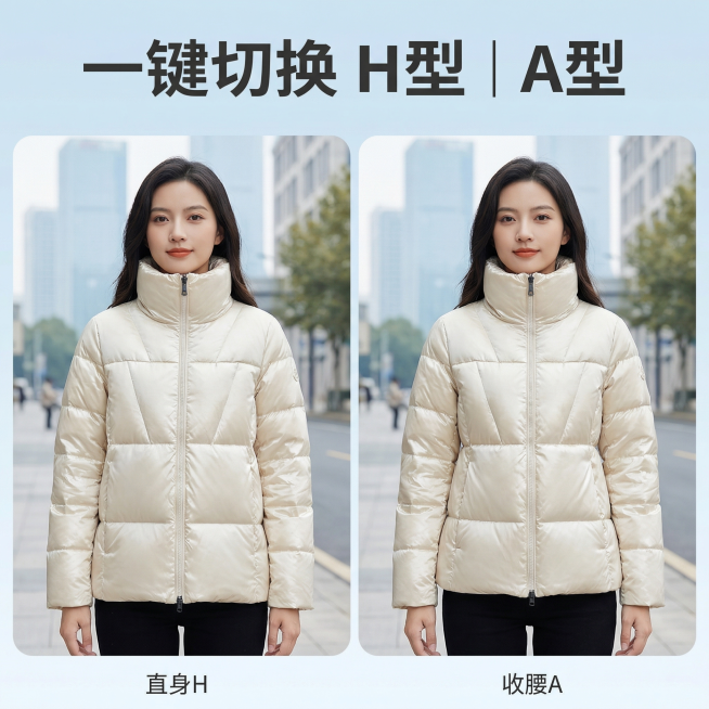 [主图 4] 双版型对比展示拼图
[氛围/风格] 清晰对比，通勤日常场景感，自然柔和
[画面元素] 画中画拼图布局，左侧展示H型直身版型模特上身，右侧展示A型收腰版型模特上身，同一位模特同背景（简约室预览效果