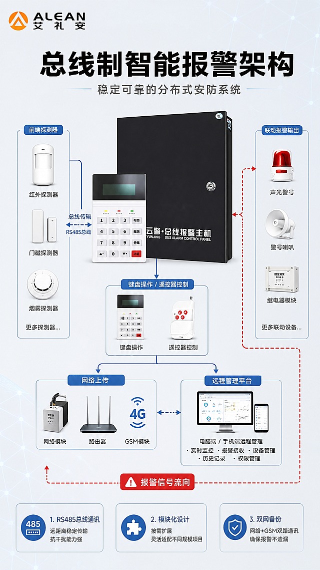 [商品] 使用【图1】网络大型总线报警主机套装；严格保留主机、键盘、遥控器的外观、结构、颜色、材质、机身文字及CCC标识，不改变外观。左上角放置【图2】ALEAN艾礼安品牌Logo。
[画面] 第4张·核心技术/系统架构，目标：展示总线制报警系统工作原理与组网方式，体现技术专业性。构图采用系统路径型：主机位于画面中心偏上，周围用细线连接前端探测器、键盘、遥控器、网络模块、报警输出设备等示意图标，形成组网拓扑示意。产品主机占画面约35%，下方用文字说明技术原理。空白区域用连接线、图标和说明文字填充，无留白。背景为浅灰+淡蓝色科技网格背景。
[视觉] 套系策略：风格=报警行业专业克制高级商业棚拍；标题字=现代无衬线粗黑体；正文字=简洁无衬线中黑体；主色=浅灰+浅蓝；背景延展=基于浅灰做细腻哑光质感，叠加淡蓝色细线网格和科技光晕；强调色=警示红，仅用于报警信号流向线和关键节点；标题色=黑色；正文色=深灰；组件=细线拓扑连接线、圆角节点框、线性图标；光影=柔和棚拍光，产品清晰立体。
[文字] 左上角ALEAN艾礼安Logo。主标题（黑色大字）："总线制智能报警架构"。副标题："稳定可靠的分布式安防系统"。拓扑图标注：前端探测器（红外/门磁/烟感）→总线传输→报警主机→键盘操作/遥控器控制→网络上传→远程管理平台→联动报警输出。下方3个技术要点：1.「RS485总线通讯」远距离稳定传输，抗干扰能力强 2.「模块化设计」按需扩展，灵活适配不同规模项目 3.「双网备份」网络+GSM双路通讯，确保报警不遗漏。所有文字横排，技术术语清晰标注。
[规格] 图片比例9:16竖版，4K，负向提示：避免产品变形扭曲、颜色改变、文字竖排斜排、文字过小、深色纯黑背景、高饱和彩色、空白区域过多、京东平台Logo水印、绝对化用语。
