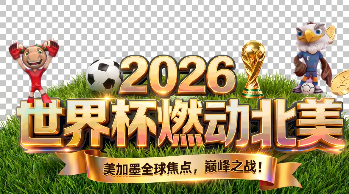 参考原图的金色立体金属风格文字设计，生成文案"2026世界杯燃动北美，美加墨全球焦点，巅峰之战！"，保留渐变质感和立体效果，搭配草地足球世界杯元素，透明背景预览效果