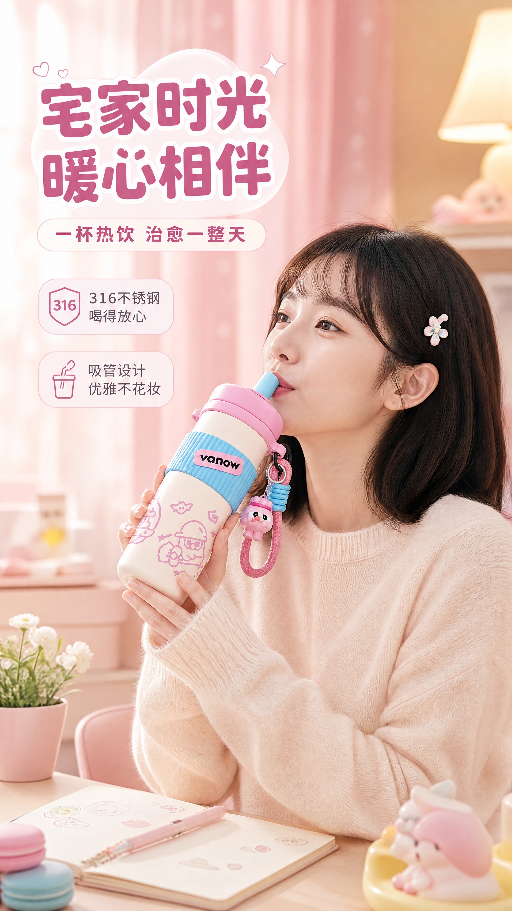 [商品] 使用【图1】粉蓝拼色吸管保温杯；保留粉色杯盖、蓝色吸… - 图片创意预览