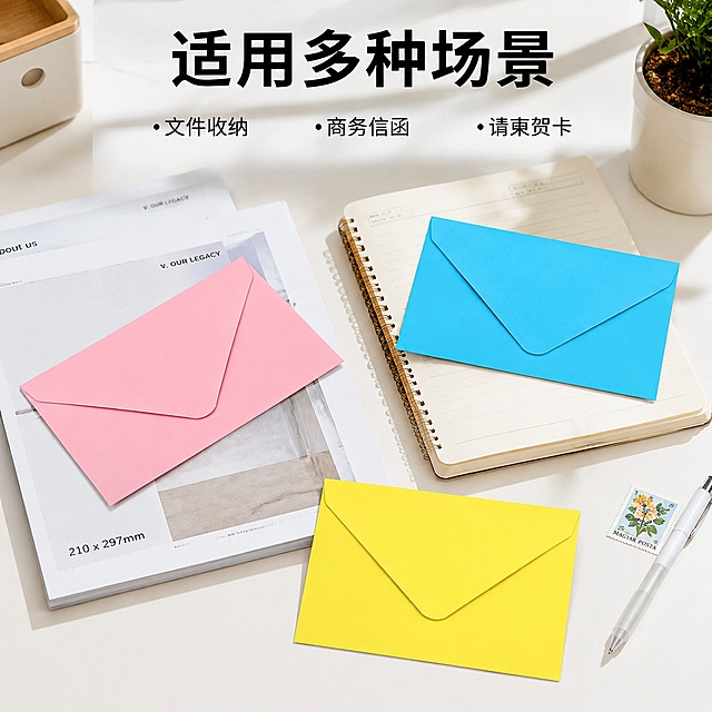 [主图-4]彩色信封多场景适用展示
[氛围风格]真实办公场景，自然日常
[画质]商业摄影质感，光线自然通透，产品清晰
[元素]展示彩色信封在日常办公场景中的使用，一个简约白色办公桌面上，粉色、蓝色、黄色信封分别放置在文件上、笔记本旁，一枚邮票斜放在旁边，营造日常办公寄信和文件收纳的真实场景。保持信封颜色和外观与原图完全一致。环境道具简约不抢主体
[光影]自然光从侧面照射，整体明亮通透，有真实办公室氛围感
[配色]浅白和浅木色办公环境，突出彩色信封的明快色彩
[文字版式]顶部大标题“适用多种场景”，下方三小字分列“文件收纳 商务信函 请柬贺卡”，黑色文字清晰不遮挡主体
[视角构图]平视偏俯视，场景完整，产品自然摆放
[输出要求]1:1比例，文字清晰，超高清商业摄影质感
[负向提示词]变形，文字错乱，产品图模糊，背景杂乱，水印，电商平台Logo