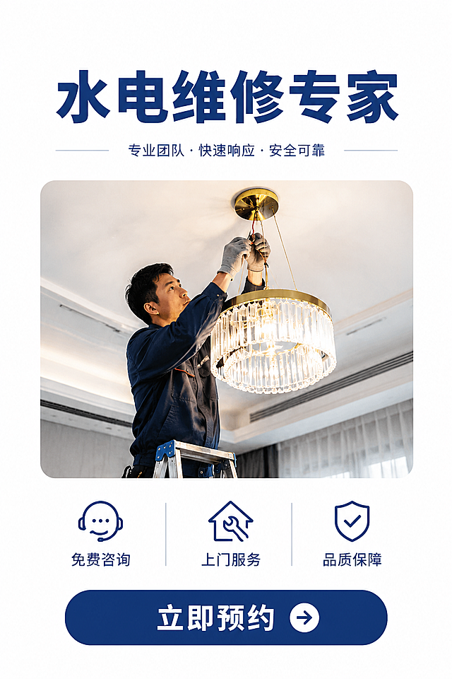 灯具维修服务海报，极简商务风格，以白色和深蓝色为主色调，大面积留白，简洁干净。主标题"水电维修专家"用深蓝色粗体字居中靠上，下方是一张高清的师傅维修吊灯的写实照片居中展示，照片下方三个简洁的图标+文字卖点横向排列："免费咨询"、"上门服务"、"品质保障"，最底部是深蓝色圆角按钮"立即预约"。整体风格高端简约，专业可信，版式精美，信息层级清晰。