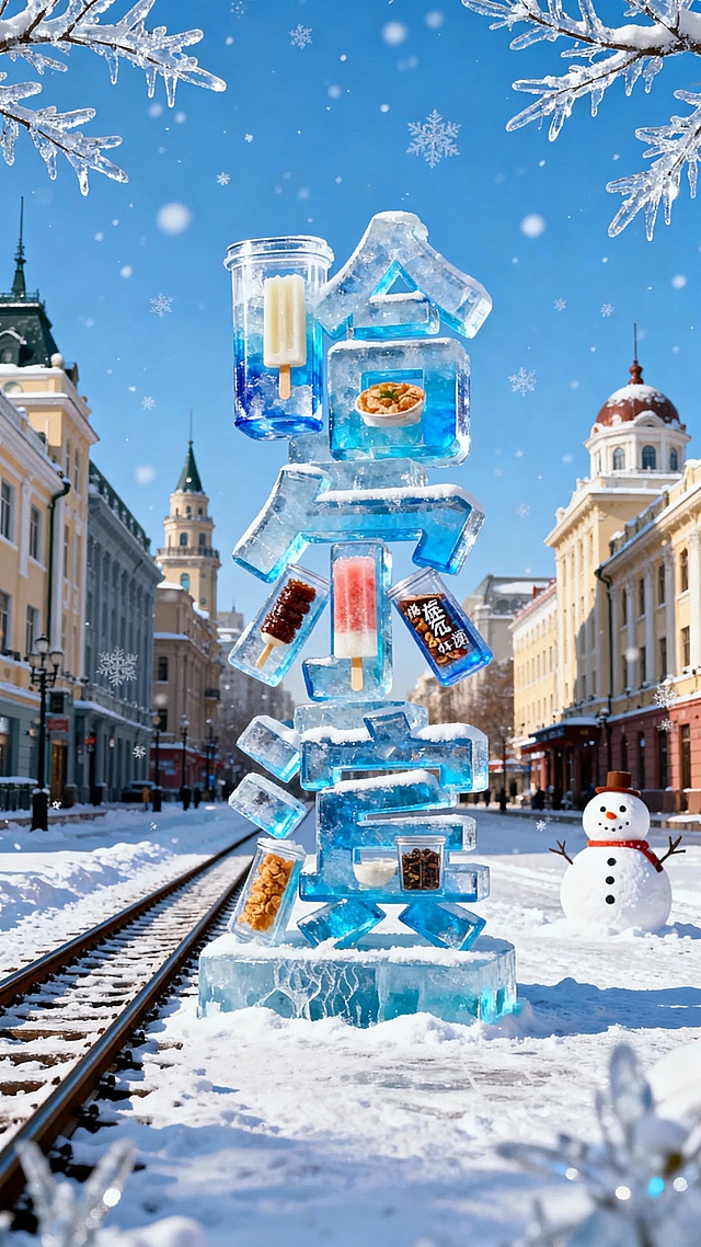 画面主视觉是由蓝色渐变冰晶堆叠而成的 “哈尔滨”艺术字。冰面覆雪，带有纹理细节，文字冰晶作为透明容器，内部冰封着冰棍、格瓦斯等哈尔滨特色食物。背景是哈尔滨中央大街欧式建筑群落，地面延伸出积雪铁轨、雪人。天空湛蓝，飘雪花，边缘点缀冰雕树枝。