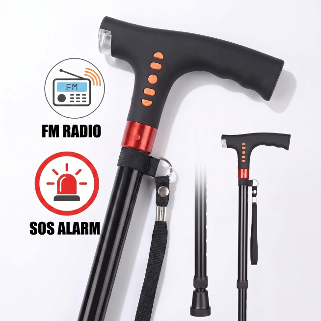 将图片拐杖把手处的文字SOS ALARM 和FM RADIO 交换位置，保持其他内容和整体风格不变，生成一张亚马逊主图预览效果