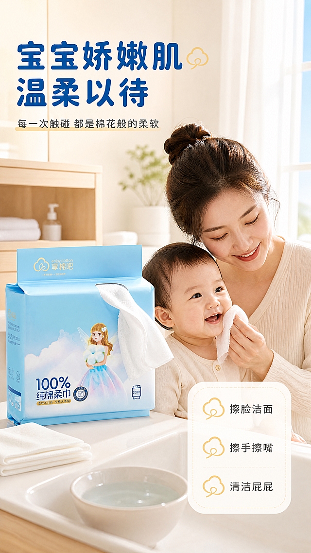 [商品] 使用【图1】享棉吧100%纯棉柔巾家庭装；保留蓝色包装、棉花仙子插画、品牌Logo和包装文字；放置在浴室洗手台旁，包装半开露出抽取口，抽出一张棉柔巾自然垂落。
[画面] 第2张场景种草，目标展示母婴日常使用的温馨场景。温馨明亮的母婴浴室/洗漱台场景，右侧年轻妈妈（亚洲面孔，温柔微笑）正用棉柔巾轻轻擦拭宝宝（约1岁，可爱圆润）的小脸，宝宝表情愉悦；左侧洗手台上放着产品包装、折叠好的棉柔巾和一小盆温水；背景是浅木色柜子和柔和窗帘；自然光从右侧窗户洒入，整体温暖治愈。
[视觉] 套系策略：风格=温馨治愈母婴风商业摄影；标题字=圆润粗黑体；正文字=简洁圆角无衬线体；主色=天空蓝+奶白色+米杏色；背景延展=浅木色+奶白墙面，柔和自然光营造温暖氛围；强调色=棉花白+浅金色，仅用于小面积图标、标签和高光点缀；标题色=深天蓝；正文色=暖灰色；组件=圆角浅底信息卡、虚线引线、棉花形图标；光影=右侧自然柔光，整体明亮通透，阴影柔和。
[文字] 左上角主标题"宝宝娇嫩肌 温柔以待"，副标题"每一次触碰 都是棉花般的柔软"；右下角圆角信息卡列出"擦脸洁面""擦手擦嘴""清洁屁屁"3个使用场景；所有文字横排，字号适中手机端可读，不遮挡人物面部和产品主体。
[规格] 图片比例9:16竖版，4K，避免变形、错字、文字过小、冷硬风格、深色背景、人物表情不自然、产品包装错乱。