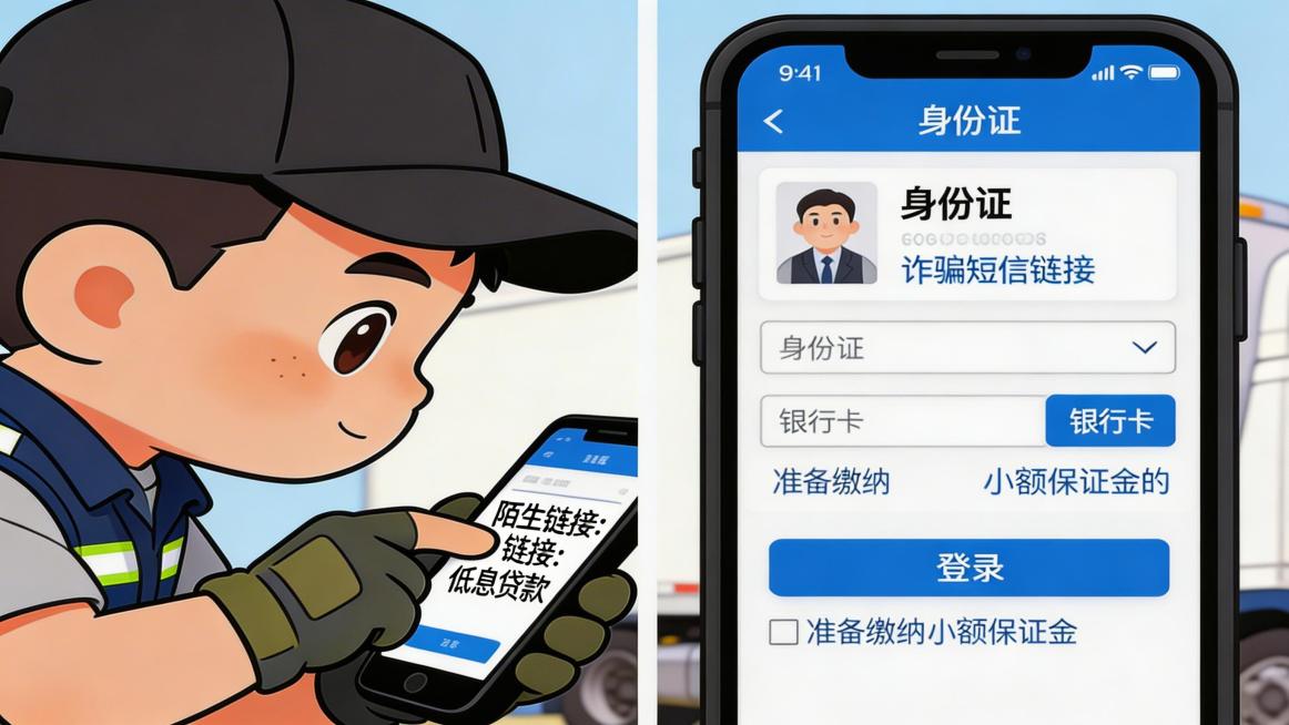 将左侧手机屏幕上的文字修改为“陌生链接：低息贷款”，保留整体分镜结构、老周Q版卡通形象、服饰配色风格和右侧内容不变，整体画风软萌简洁，线条干净预览效果