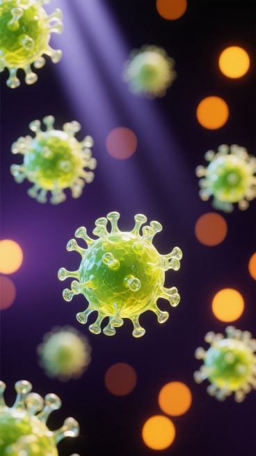 3D渲染的病毒微生物特写，多个具有刺突结构的病毒体悬浮分布，表面呈现半透明水晶质感与细微纹理，整体配色改为深邃紫黑色背景搭配荧光绿与亮黄色的病毒主体及刺突，背景充满大小不一、模糊的橙黄色光斑营造梦幻光晕效果，光线从画面上方斜射下来，病毒表面有明亮的高光与深邃的阴影，呈现出强烈的立体感与空间层次感，整体氛围神秘而科技感十足。预览效果