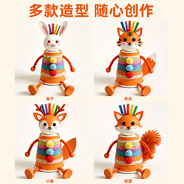 [主图-2] 多造型展示主图，突出DIY材料包丰富可玩性。[氛围风格] 活泼有趣手工创意风格；[画质] 商业摄影质感、光线柔和通透、产品清晰真实、画面干净高级。[元素] 四张不同造型成品（兔子、老虎、小鹿、狐狸）进行宫格排版，每个小图都清晰展示完整成品造型，保持每个成品外观、颜色、材质与输入图片完全一致，无变形和色差。商品主体占比严格控制在75%左右，整体排版整齐清晰。[光影] 均匀柔和布光，每个小图光影统一，色彩还原真实。[配色] 背景为浅米白色，突出成品鲜艳多彩的手工质感。[视角构图] 四个成品2×2宫格排布，每个成品都完整展示，构图均衡不拥挤。[文字版式] 顶部居中大字标题“多款造型 随心创作”，深橙色粗体无衬线字体，每个宫格下方小字标注造型名称，文字清晰可读。[比例分辨率] 1:1比例，4k分辨率；文字清晰锐利，画面超高清。[负向提示词] 变形，水印，文字错乱，产品图模糊，背景杂乱。