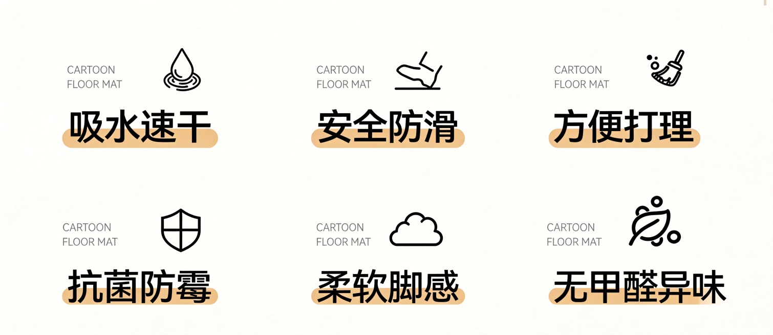 基于原图生成拼多多家居地垫详情页卖点图，高清商业平面设计，8K超高清，极致清晰，画面干净整洁，主体信息突出，符合拼多多电商视觉规范。核心保留2行3列的固定排版结构，每行3组卖点模块，整体与原图核心逻辑预览效果