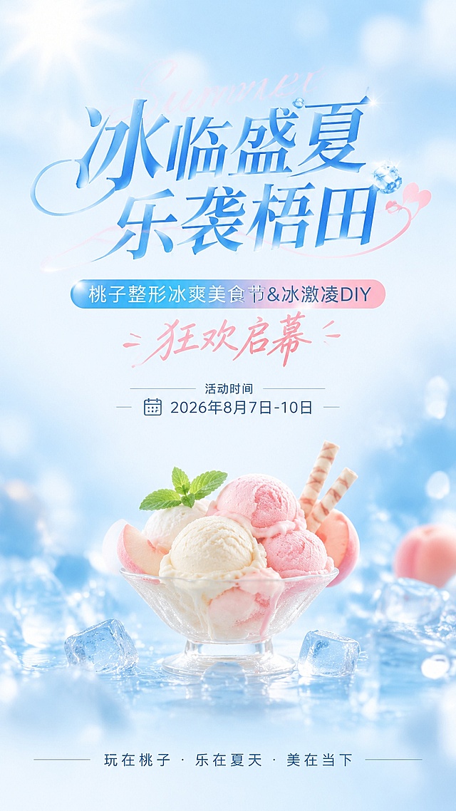 桃子整形冰爽美食节H5封面页，全屏淡蓝水雾冰块虚化极简背景，干净无杂物，所有内容居中对齐，大标题冰临盛夏 乐袭梧田，副标题桃子整形冰爽美食节&冰激凌DIY 狂欢启幕，活动时间2026年8月7日-10日，底部Slogan玩在桃子 · 乐在夏天 · 美在当下，风格极简通透，留白充足，冰爽蓝+夏日白+浅蜜桃粉，轻奢清凉，无花哨元素