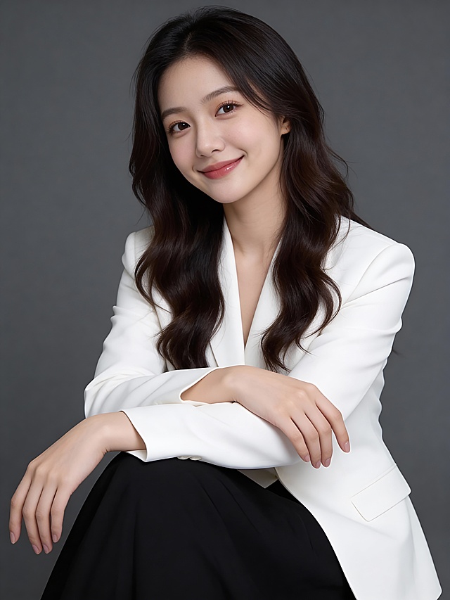 保留第一张图人物脸型､年龄特征生成标准纯正面胸像肖像照(特写);参考第二张图的人物占位和比例,头顶至上边缘有3%的距离,50mm标准焦段,人物位于画面中心,为聚焦核心,居中构图,占画面75%空间;平视视角(镜头与人物眼部平齐);入境范围头部至胸部区域,颈肩结构准确合理,姿态自然;中近景氛围感肖像,淡妆,冷调白皙,极淡裸粉哑光眼影打底,极细内眼线填充睫毛根部,大直径深棕色带细微高光点的自然款美瞳;边缘模糊无生硬轮廓;唇妆:粉调草莓红镜面水光唇釉;肤质白皙细腻;上身着极简白色西装外套(含5%桑蚕丝提升柔光质感),下搭黑色垂感中长裙(长度及膝､面料哑光);造型:中长自然波浪发(发尾微卷､发色深棕);妆面:韩式精致浓妆(底妆为磨皮柔焦质感､肤色均匀提亮至冷调白皙,眼妆为大地色渐变+纤长卷翘睫毛,唇妆为哑光豆沙色,腮红轻扫苹果肌提升气色);姿态:坐姿;双臂自然交叉搭于腿面,右手自然垂落于裙摆处(手指放松微张),左手轻搭右前臂,头部微侧,面部转向镜头,浅淡微笑,眼神直视镜头(目光坚定澄澈),表情自然､嘴角轻扬;气质:整体呈现自信温婉+时尚柔美的融合感;影棚柔和侧光(细腻明暗层次),白皙光泽+深豆沙红唇妆,高清32K细腻画质｡温柔慵懒松弛氛围;光线均匀柔和,画质清晰,表情自然,头部发型完整,去除人物之外的所有元素;美颜轻度磨皮,影棚布光(主光来自画面前方),明暗过渡柔和,背景光线均匀,强化色彩对比的高级感｡简约中深灰度纯色背景(呈现均匀柔和质感),极简干净,严格按照第一张图内容生成｡