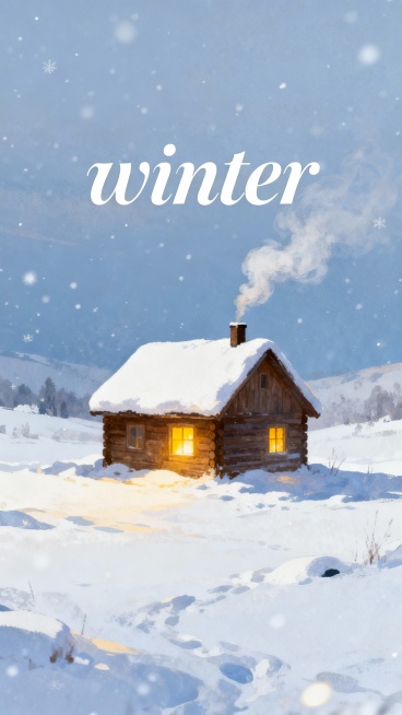 生成一张雪天的海报背景，融合英文“winter”，有烟火气息的小屋，孤独的在雪地中预览效果