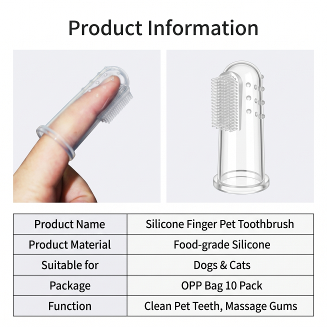 参考第二张图片的产品介绍信息排版布局，设计第一张图片宠物硅胶指套牙刷的产品介绍详情页，仅保留第一张的产品，去掉第二张的产品信息，替换为宠物手指牙刷的信息，中文全部转为英文，尺寸800X800，优化图片预览效果