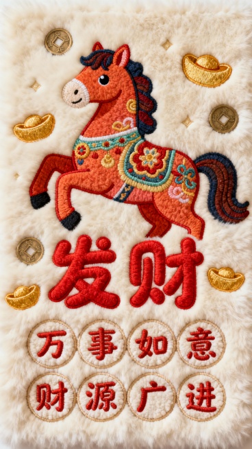 一张以发财为主题的毛绒质感刺绣海报，主体是一只色彩鲜艳、姿态生动的马，马身装饰有传统吉祥纹样，周围点缀着金色元宝、铜钱等象征财富的元素。画面中央是醒目的红色繁体字“发财”，字体圆润可爱，非书法体。背景为米白色毛绒材质，整体色调温暖明快，避免使用黑色和绿色。马的下方和周围分布着其他圆润可爱的繁体吉祥文字，如“万事如意”“财源广进”等，文字与图案刺绣工艺精致，富有立体感和传统节庆氛围，整体构图饱满……预览效果