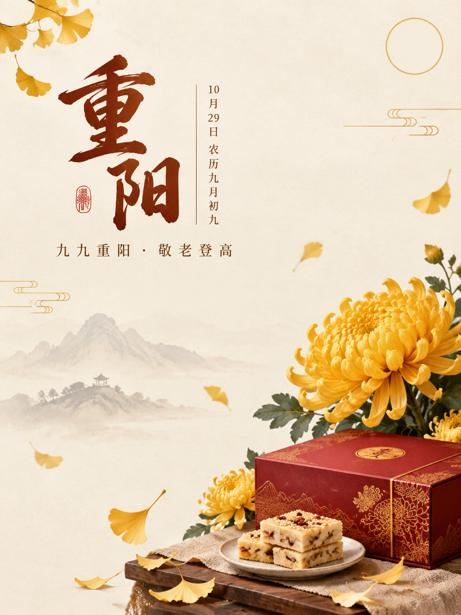 竖版3:4重阳节主题封面设计。画面主体为一枝盛开的金黄色菊花与… - 图片创意预览