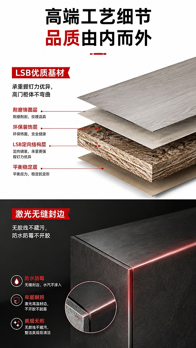 [第5屏] 工艺解析屏，解析润丽68系列优质基材与高端封边工艺。
[氛围/风格] 专业拆解，清晰直观，突出工艺品质感
[元素布局] 上半部分展示LSB基材结构分层，下半部分展示激光封边细节，用红色线条标注关键工艺优势，保持整体结构清晰，图文对应
[光影质感] 分层结构光影分明，突出基材内部结构和封边细节，明暗对比清晰
[配色色系] 全局底色 #FFFFFF，上半部分浅灰色调展示基材，下半部分深色展示封边细节，关键工艺用红色标注吸引注意力
[视角构图] 上下分屏结构，上半部材质解析，下半部工艺展示，结构清晰
[文字版式] 主标题「高端工艺细节 品质由内而外」，上半部分标题「LSB优质基材」，说明「承重握钉力优异，高门柜体不弯曲」；下半部分标题「激光无缝封边」，说明「无胶线不藏污，防水防霉不开胶」，文字层级分明，主标题大，分标题中，说明文字小但清晰
[比例分辨率] 9:16 竖版比例，4K分辨率，文字清晰可辨，高清画质
[负向提示词] 结构错乱，标注不清，文字模糊，颜色失真，水印