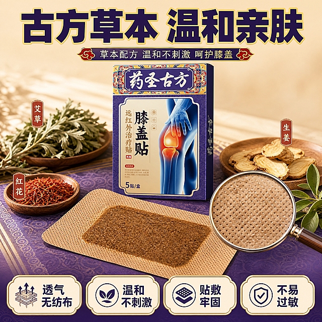 [主图-3] 材质细节与品质，主题：古方草本 透气亲肤 温和不刺激。
[统一基调] 拼多多风格，大字直白，高性价比感，国潮紫金配色，深紫渐变背景配金色描边与红色点缀，主标题用粗黑体大字，副标题用中等字号，卖点标签用圆角金底白字或红底白字，整体视觉冲击力强。
[画面] 画面中央偏上展示产品包装盒，占比约35%。下方放大展示膝盖贴的贴片细节：一片浅棕色药贴平放，能看到药芯部分的纹理和质感，旁边有透气孔示意，用放大镜效果突出贴片材质的细腻纹理。周围散落摆放几味中药材元素（艾草、红花、生姜等干药材），呼应古方草本概念。顶部大标题"古方草本 温和亲肤"。底部横向排列4个品质卖点标签："透气无纺布""温和不刺激""贴敷牢固""不易过敏"。背景为浅米色到深紫的渐变，底部有传统暗纹装饰。
[光影质感] 商业产品摄影质感，药贴细节清晰可见，材质纹理真实，中药材有自然质感，整体柔光拍摄，干净通透。
[配色] 主色深紫色#3A1E5E，辅助色金色#D4AF37，草本绿#27AE60，药贴棕褐色，背景浅米色。
[文字版式] 主标题超粗黑体深紫色带金色描边，底部卖点标签为白底深紫字配金色边框，图标+文字组合，整齐排列。
[输出要求] 比例1:1，2048x2048，产品包装盒外观与输入图完全一致，贴片细节真实自然，文字清晰无错字，无水印无平台Logo。负向：产品变形、错字、模糊、夸张功效、医疗承诺、虚假药材展示。