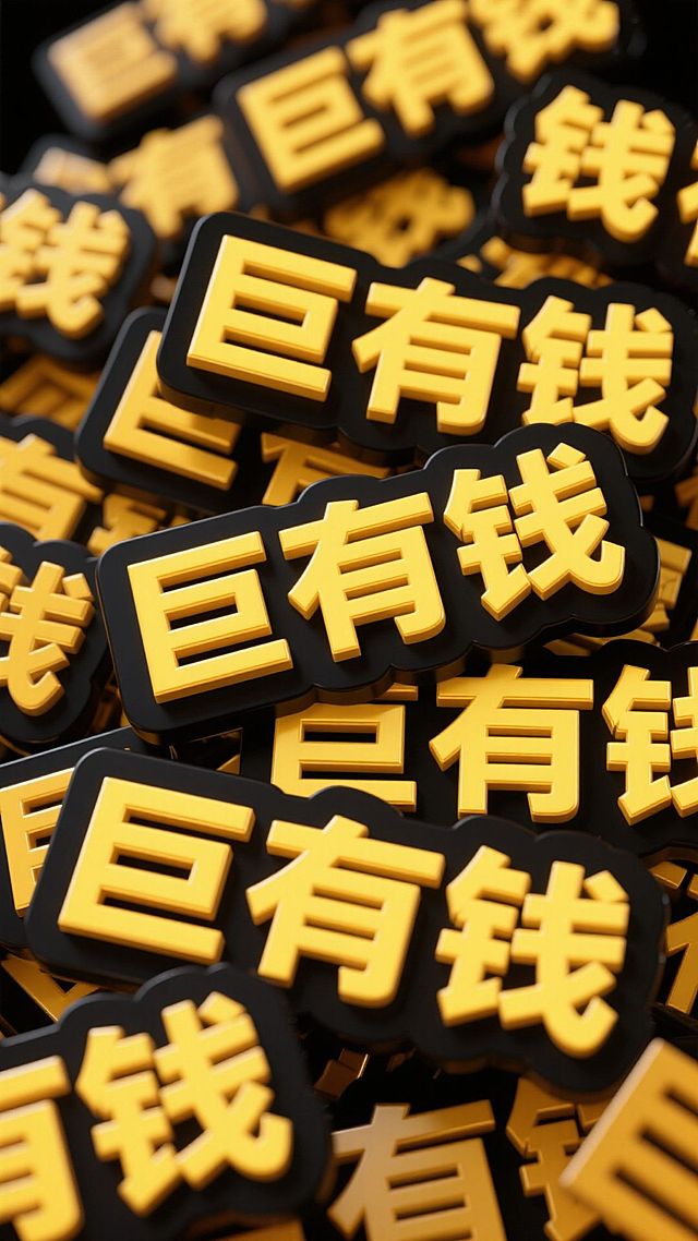 黑色背景上，大量 “巨有钱” 文字以荧光金色立体字粗体（带黑色外框）重复密集，重复交叠，交错叠放