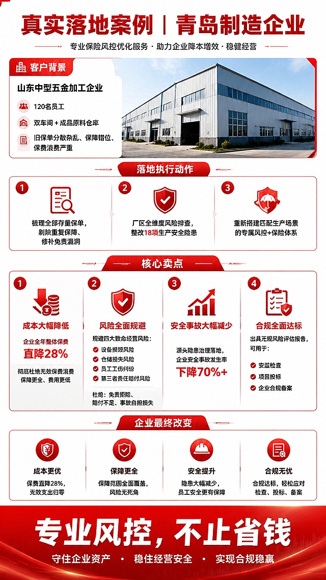 专业商务风格企业保险风控优化服务落地案例宣传海报，延续第一幅的红白配色，9:16竖版，版式精美。顶部主标题：【真实落地案例｜青岛制造企业】，客户背景板块：山东中型五金加工企业，120名员工、双车间+成品原料仓库，旧保单分散杂乱、保障错位、保费浪费严重。落地执行动作分三点列出：1.梳理全部存量保单，剔除重复保障、修补免责漏洞 2.厂区全维度风险排查，整改18项生产安全隐患 3.重新搭建匹配生产场景的专属风控+保险体系。核心卖点板块重点突出：1.💸成本大幅降低：企业全年整体保费直降28%，彻底杜绝无效保费浪费，保障更全、费用更低；2.🛡️风险全面规避：规避四大致命经营风险：设备损毁风险｜仓储损失风险｜员工工伤纠纷｜第三者责任赔付风险，杜绝：免责拒赔、赔付不足、事故自担损失；3.🔎安全事故大幅减少：源头隐患治理落地，企业安全事故发生率下降70%+；4.📋合规全面达标：出具正规风险评估报告，可用于：安监检查、项目投标、企业合规备案。企业最终改变分四点列出，底部压轴全屏大字Slogan："专业风控，不止省钱"，副标题："守住企业资产 · 稳住经营安全 · 实现合规稳赢"。整体保持红白专业商务配色，延续上一张风格，信息分区清晰，所有文字清晰可读，层级分明，四周留足边距，超清画质。