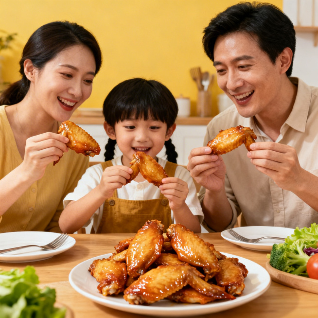 一家人享用鸡翅美食的温馨场景，突出家人放心食用的产品理念，真实日常美食摄影，生鲜鸡全翅详情页场景图预览效果