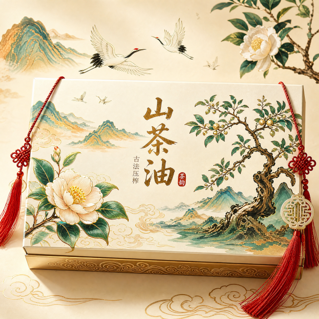 高端国风山茶油礼盒电商主图，突出古风山水设计，结合山茶树田园背景，体现高端定制卖点，整体典雅大气，适合淘宝天猫展示预览效果