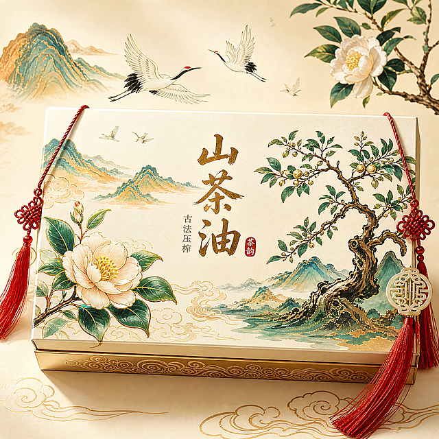 高端国风山茶油礼盒电商主图，突出古风山水设计，结合山茶树田园背景，体现高端定制卖点，整体典雅大气，适合淘宝天猫展示