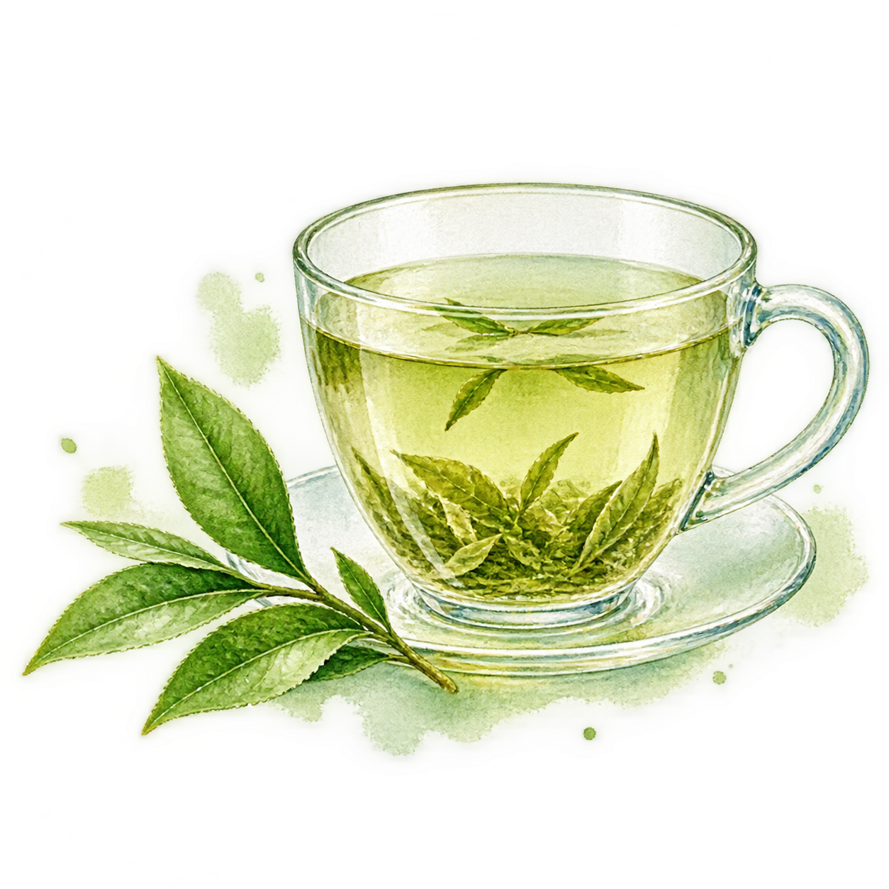 水彩手绘插画风格，一杯绿茶，精致的透明玻璃茶杯中盛有清澈的淡绿… - 图片创意预览