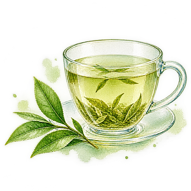 水彩手绘插画风格，一杯绿茶，精致的透明玻璃茶杯中盛有清澈的淡绿色绿茶茶汤，杯中可以看到舒展的茶叶，旁边放着几片新鲜的绿茶叶，透明背景，柔和的水彩晕染质感，清新绿色调，细节精致，优雅复古的水彩风格，干净简洁