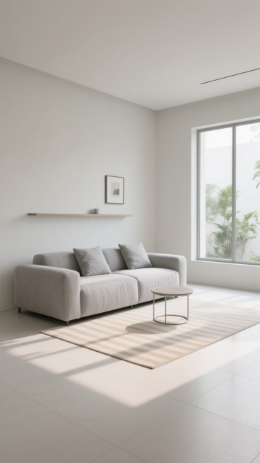 极简主义风格室内设计，以浅灰色和米白色为主色调，大面积落地窗引入柔和自然光，光线在地面和墙面形成清晰的光影层次。浅灰色布艺沙发搭配同色系靠垫，线条简洁流畅，下方铺设浅米色条纹地毯，质感细腻。沙发旁是金属框架圆形小茶几，墙面设有简约的一字型置物架，摆放小型装饰画。整体空间布局遵循对称美学，注重留白，营造出宁静、通透、高级的氛围，地面采用大尺寸浅色瓷砖，接缝整齐，光脚触感舒适，窗外可见绿色植物，增……预览效果