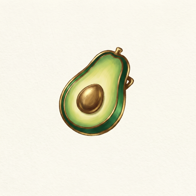 牛油果主题设计的复古风胸针配饰，牛油果绿渐变纹理，金属质感，简约造型，高级质感，手绘插画风格，纯色背景预览效果