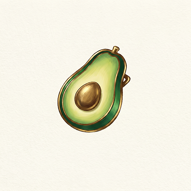 牛油果主题设计的复古风胸针配饰，牛油果绿渐变纹理，金属质感，简约造型，高级质感，手绘插画风格，纯色背景