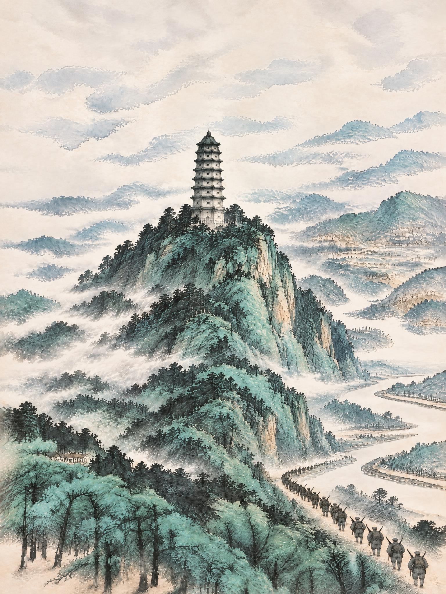 保持当前中国水墨山水画风格、青绿设色、行军队伍、天空占比三分之… - 图片创意预览