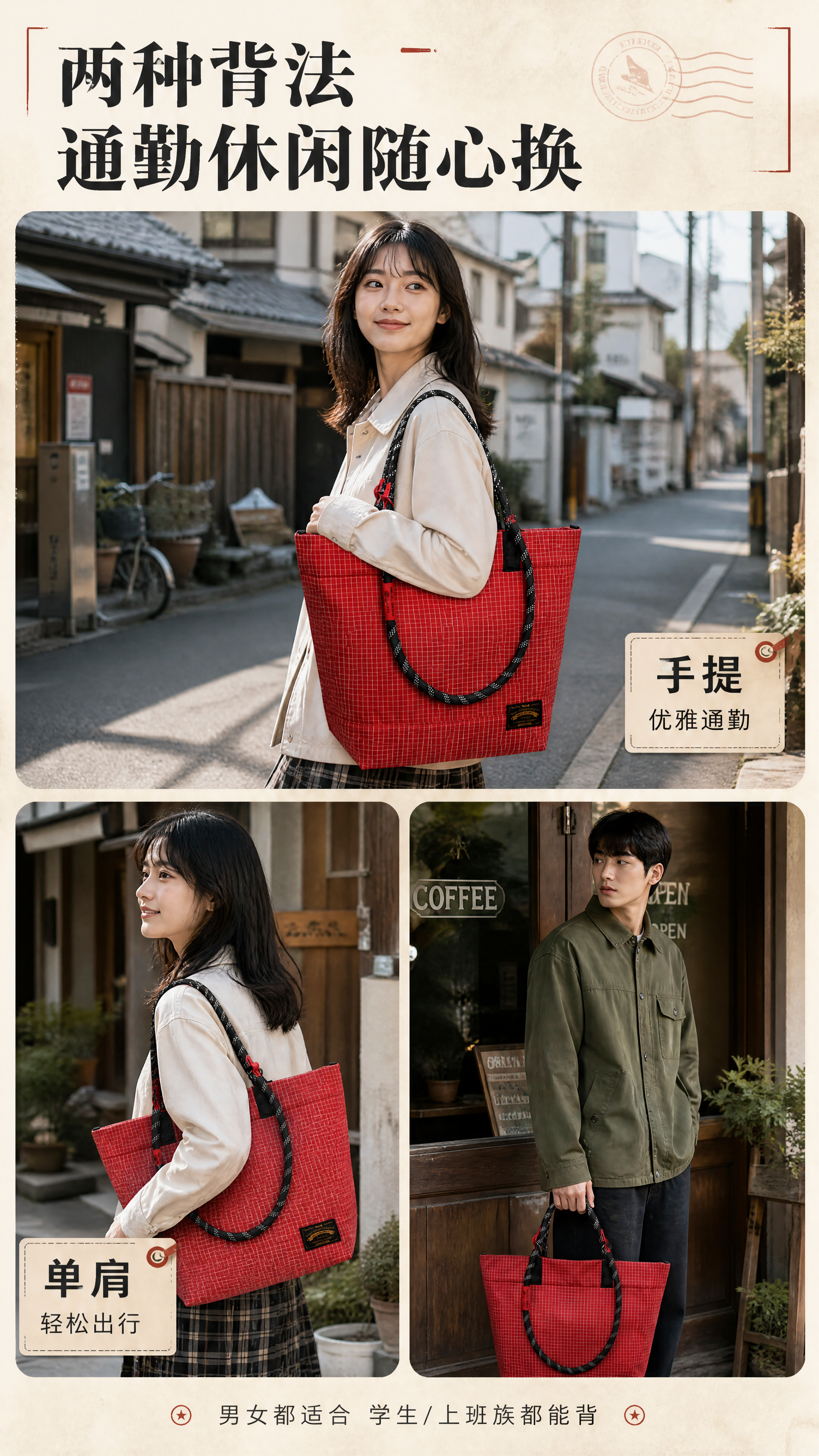 [商品] 使用【图1】红色细格纹防水尼龙托特包；商品处理：保留… - 图片创意预览