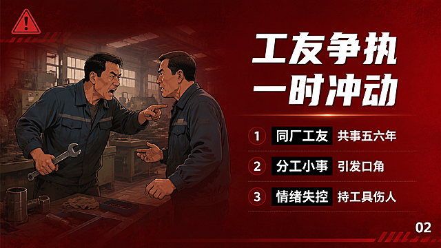 法律知识课程PPT第二页，16:9横版，深红警示风格，与前一页封面视觉统一。左侧为工厂车间场景插画（两名中年男工人口角争执，一人手持工具，情绪激动，写实偏扁平风格），右侧为文字区，信息层级清晰。页面大标题：「工友争执 一时冲动」。正文要点（字少精炼，3条）：1. 同厂工友 共事五六年；2. 分工小事 引发口角；3. 情绪失控 持工具伤人。文字采用白色扁平粗黑体，关键词可加黑色色块高亮。背景：深红色渐变底，左上角有警示三角小图标装饰，右下角有页码「02」。整体氛围：严肃警示、案例叙事感，版式精美，适合PPT演示，文字清晰可读，四周留安全边距。