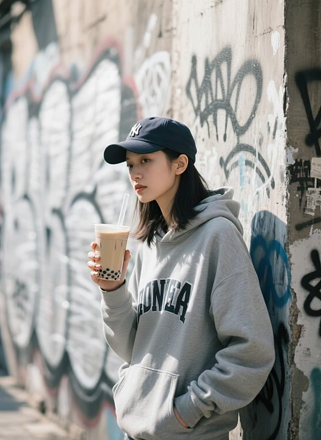 让图2的人举起一只手握着图1的奶茶，奶茶插着吸管