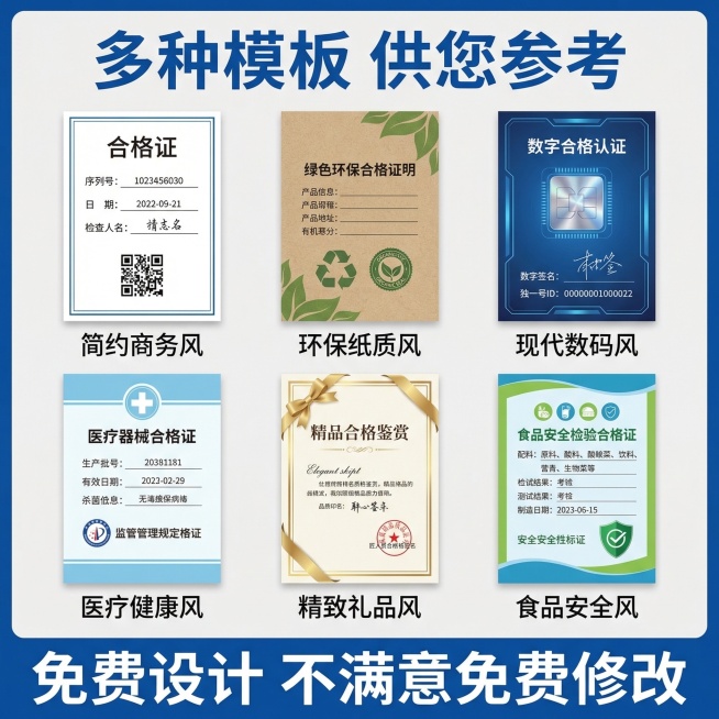 生成合格证款式案例合集主图，参考图格局使用蓝色边框+两排三列网格排版，展示6款不同设计风格的合格证案例，所有设计不重复参考图里的内容，每个案例展示完整，间距均匀，顶部加粗大字标题"多种模板 供您参考"预览效果