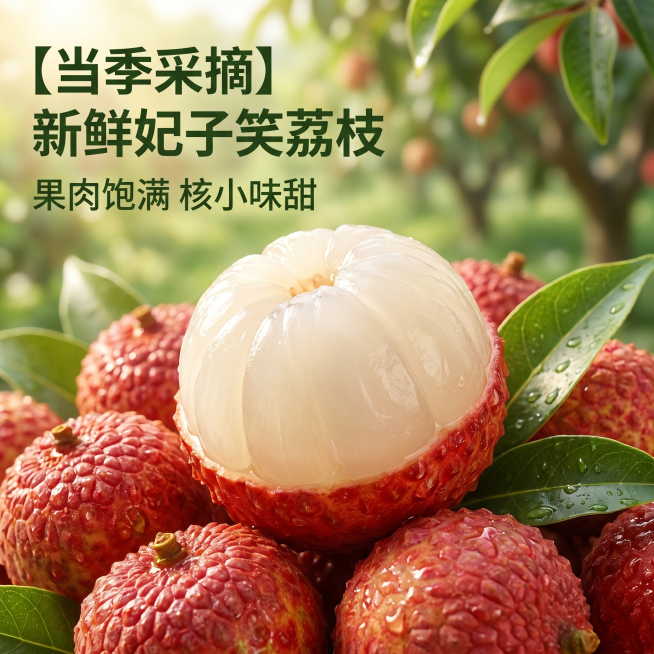 [主图 1] 新鲜荔枝抖音小店电商主图，首图突出新鲜清甜的食欲感。
[氛围风格] 生鲜果园自然氛围，清新新鲜充满食欲；
[画质] 商业摄影质感、光线柔和通透、荔枝纹理细节清晰真实、画面干净高级诱人。预览效果