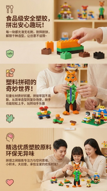 要一套关于这个产品的详情图，积木产品材质，用于跨境俄罗斯平台，wb平台，比例9；16卖点：一、核心卖点文案（突出材质与玩法优势）
1.  食品级安全塑胶，拼出安心趣玩！每一块都光滑无毛刺，耐摔耐拼，解预览效果